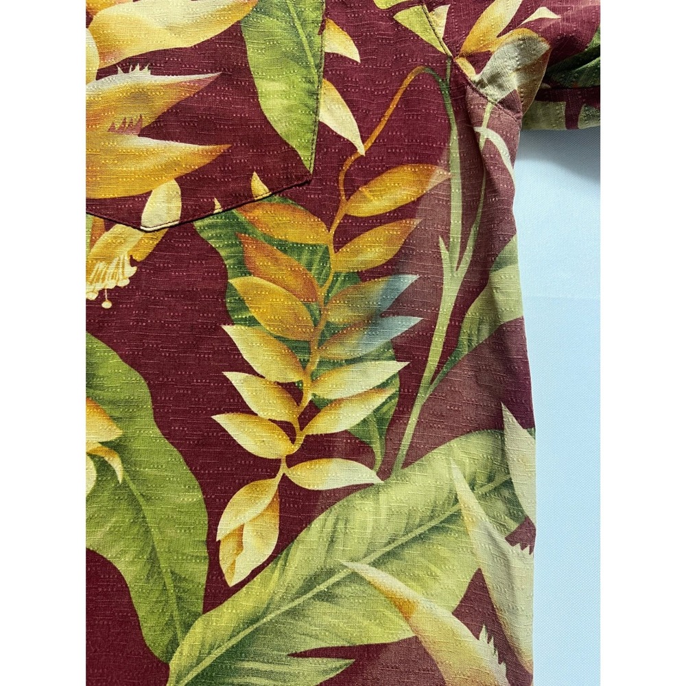 Vintage 100% SILK Mens Hawaiian Shirt Maroon Tropical Floral M Resort 90s - Picture 8 of 11
